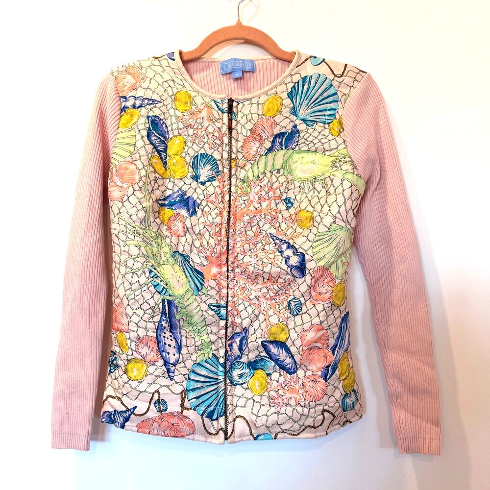 J McLaughlin Full Zip Silk Quilted Ribbed Sweater Jacket Small Pink Ocean Beach